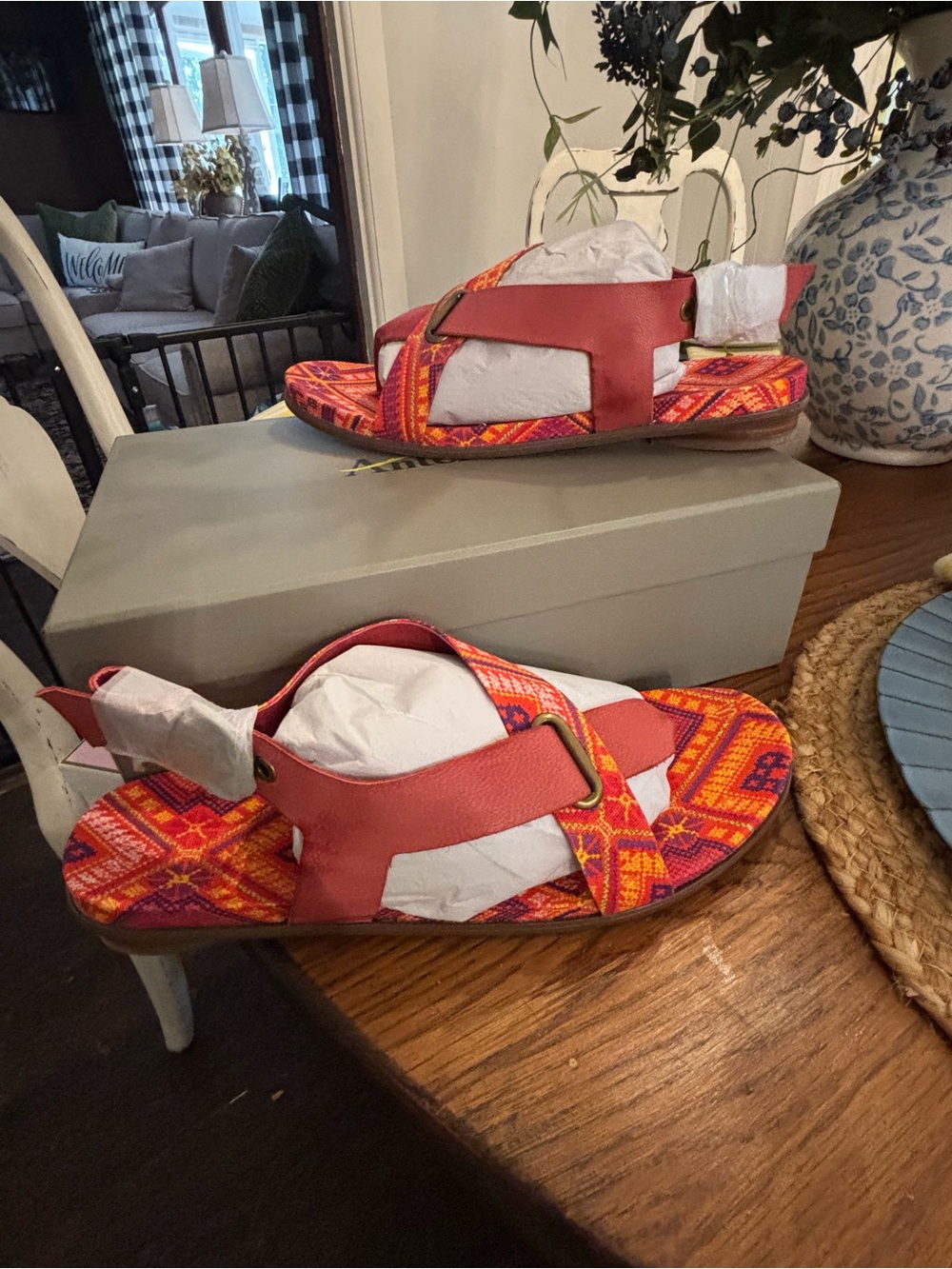Antelope Red Patterned Slide Sandals with Multicolor Woven Footbed